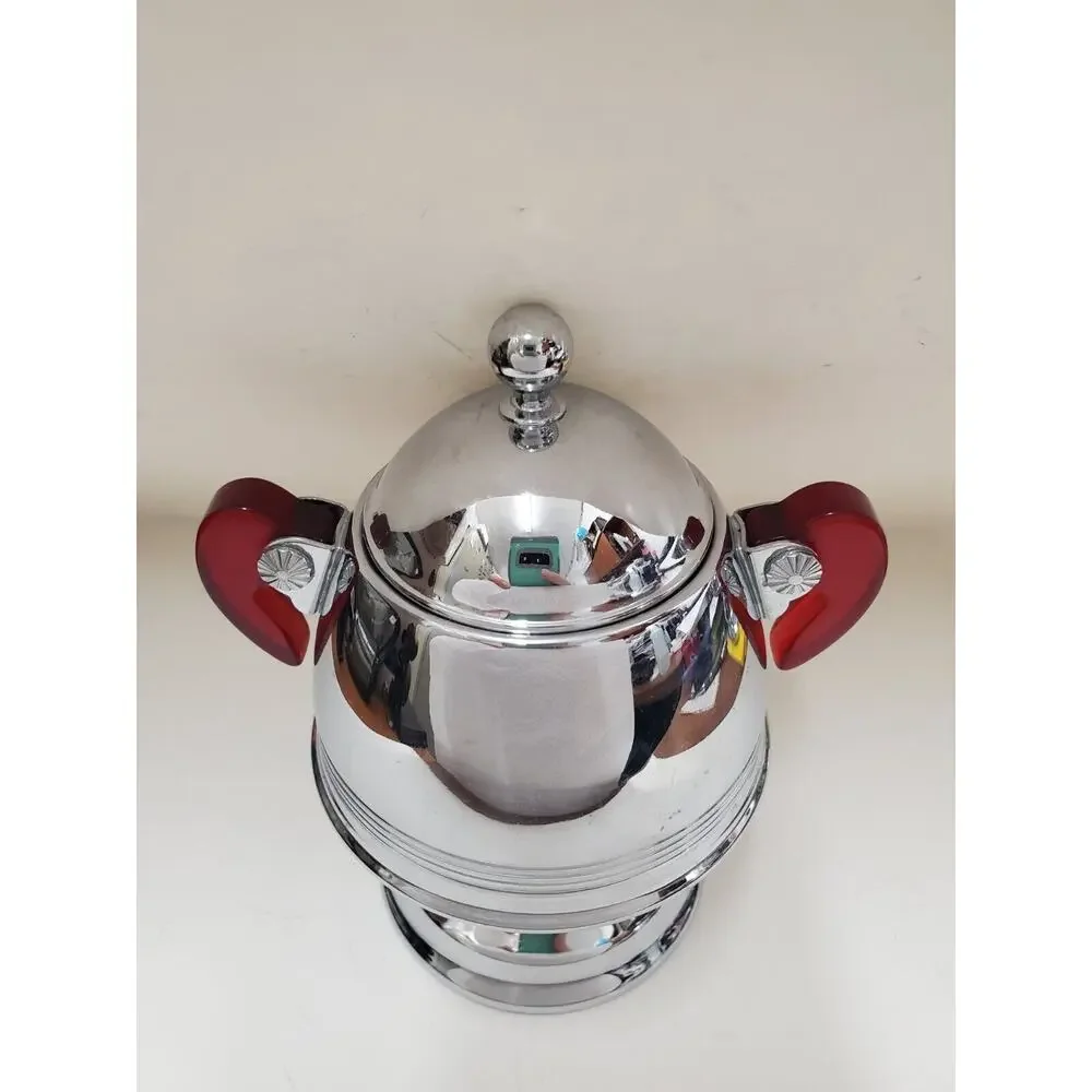Vintage Chrome Sugar & Creamer Set Red Bakelite Handles Chrome Mid Century Retro